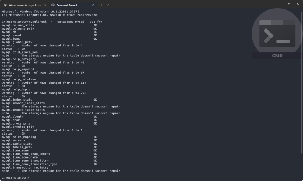 Problem z MySQL w XAMPP - wiersz poleceń 1