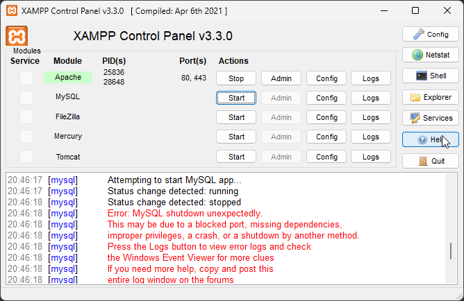 XAMPP - błąd serwera MySQL