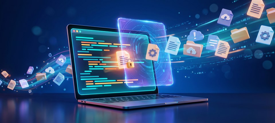 Laptop z kodem na ekranie, przed nim świetlna bariera przepuszczająca część ikon plików; plik z kłódką przechodzi przez barierę