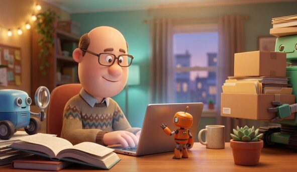 Programista przy biurku w stylu animowanym, wokół trzy różne roboty-asystenci zajęte osobnymi zadaniami
