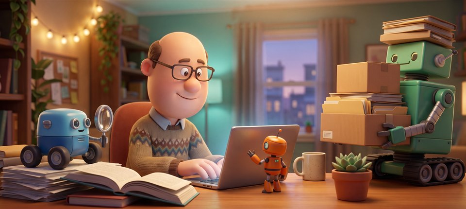 Programista przy biurku w stylu animowanym, wokół trzy różne roboty-asystenci zajęte osobnymi zadaniami